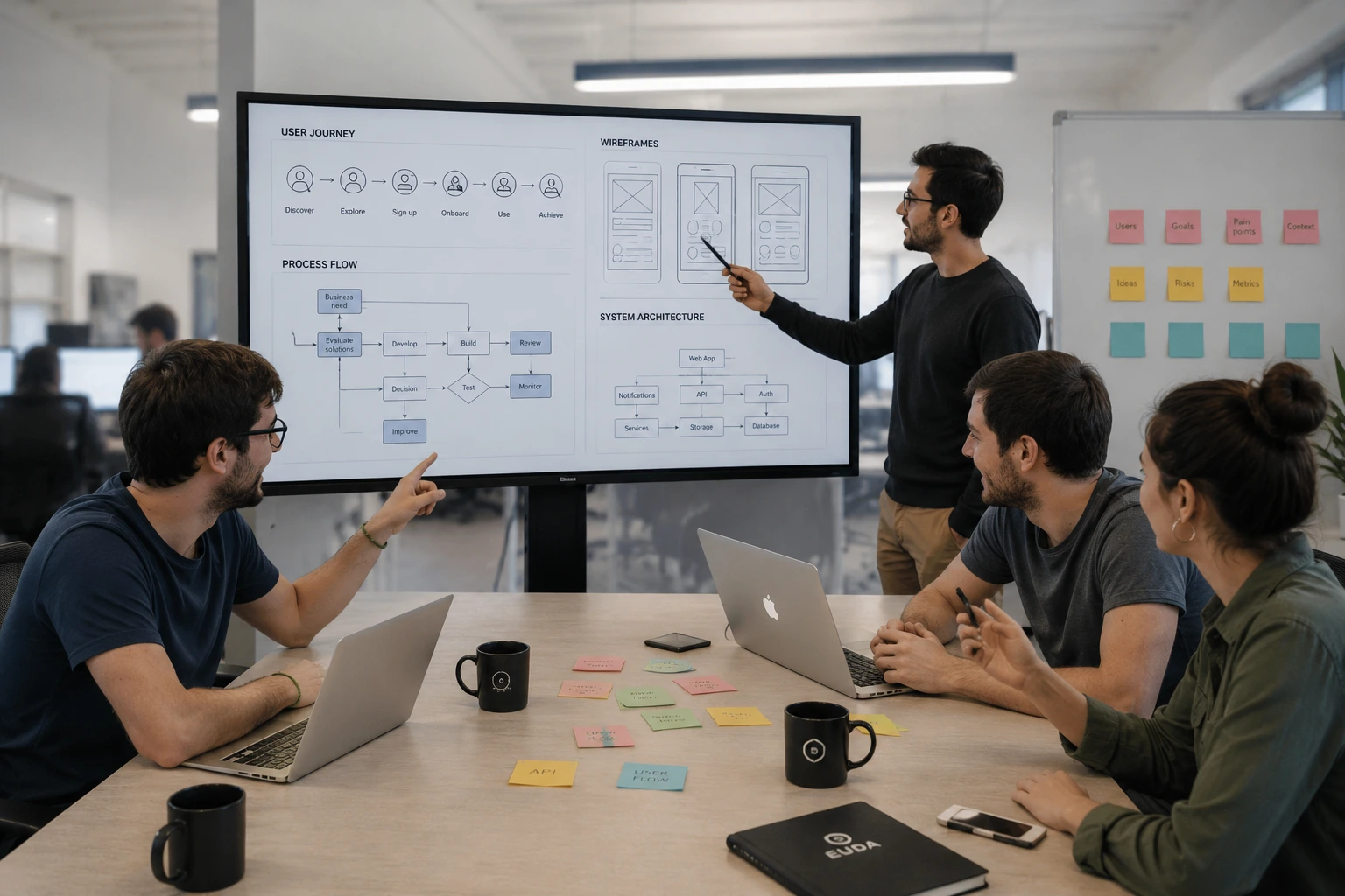 Equipo definiendo journey, wireframes, procesos y arquitectura de producto